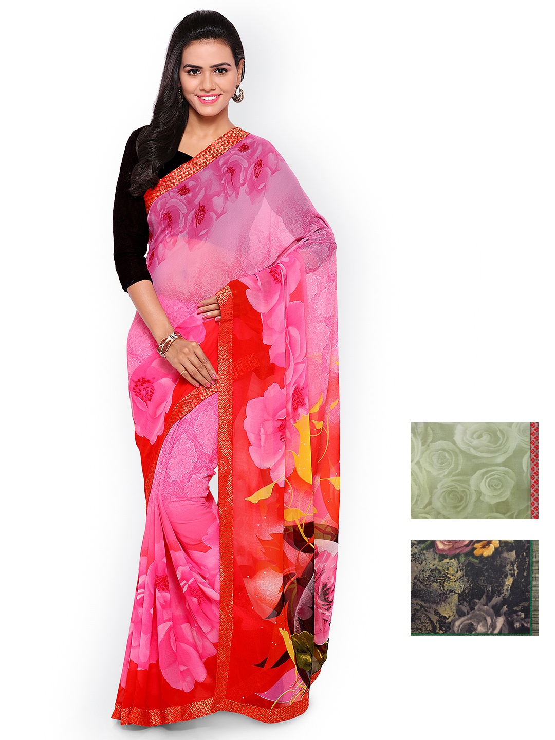 

Kalista Selection of 3 Printed Pure Georgette Sarees, Pink