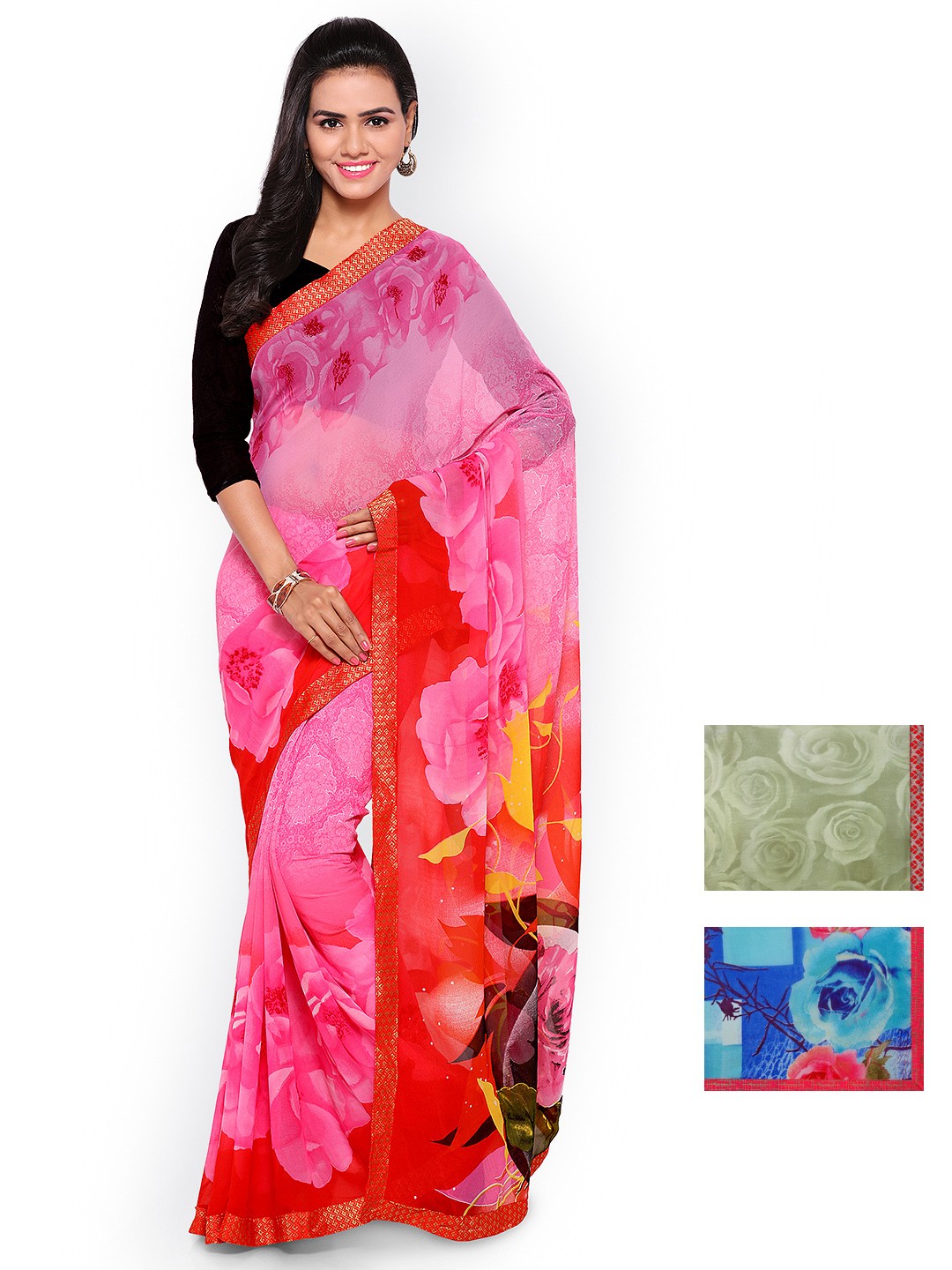 

Kalista Selection of 3 Printed Pure Georgette Sarees, Pink