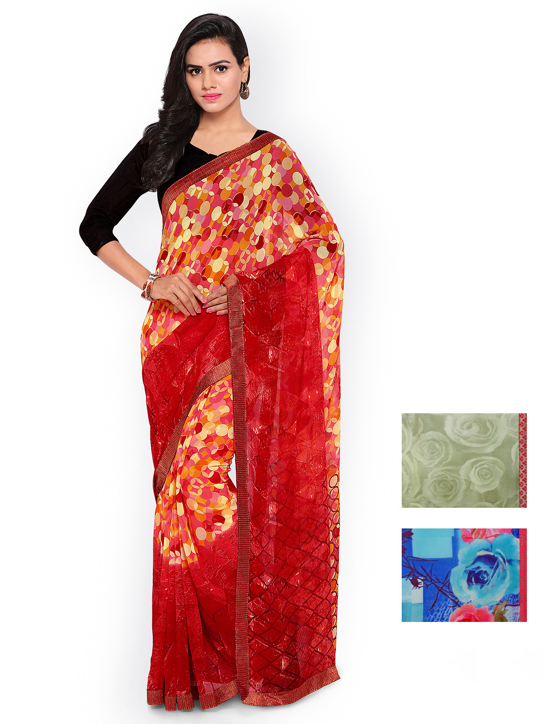 

Kalista Selection of 3 Printed Pure Georgette Sarees, Orange