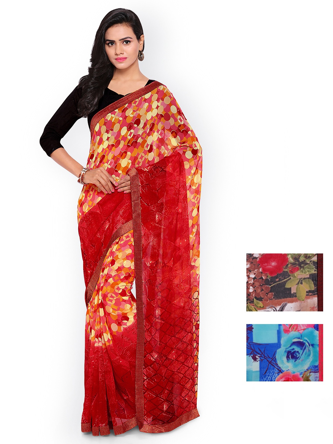 

Kalista Selection of 3 Printed Pure Georgette Sarees, Orange