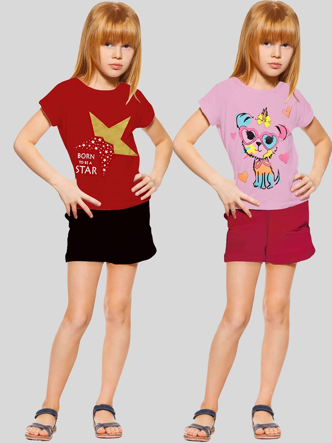 

KUCHIPOO Girls Pack Of 2 Graphic Printed Night Suit, Pink