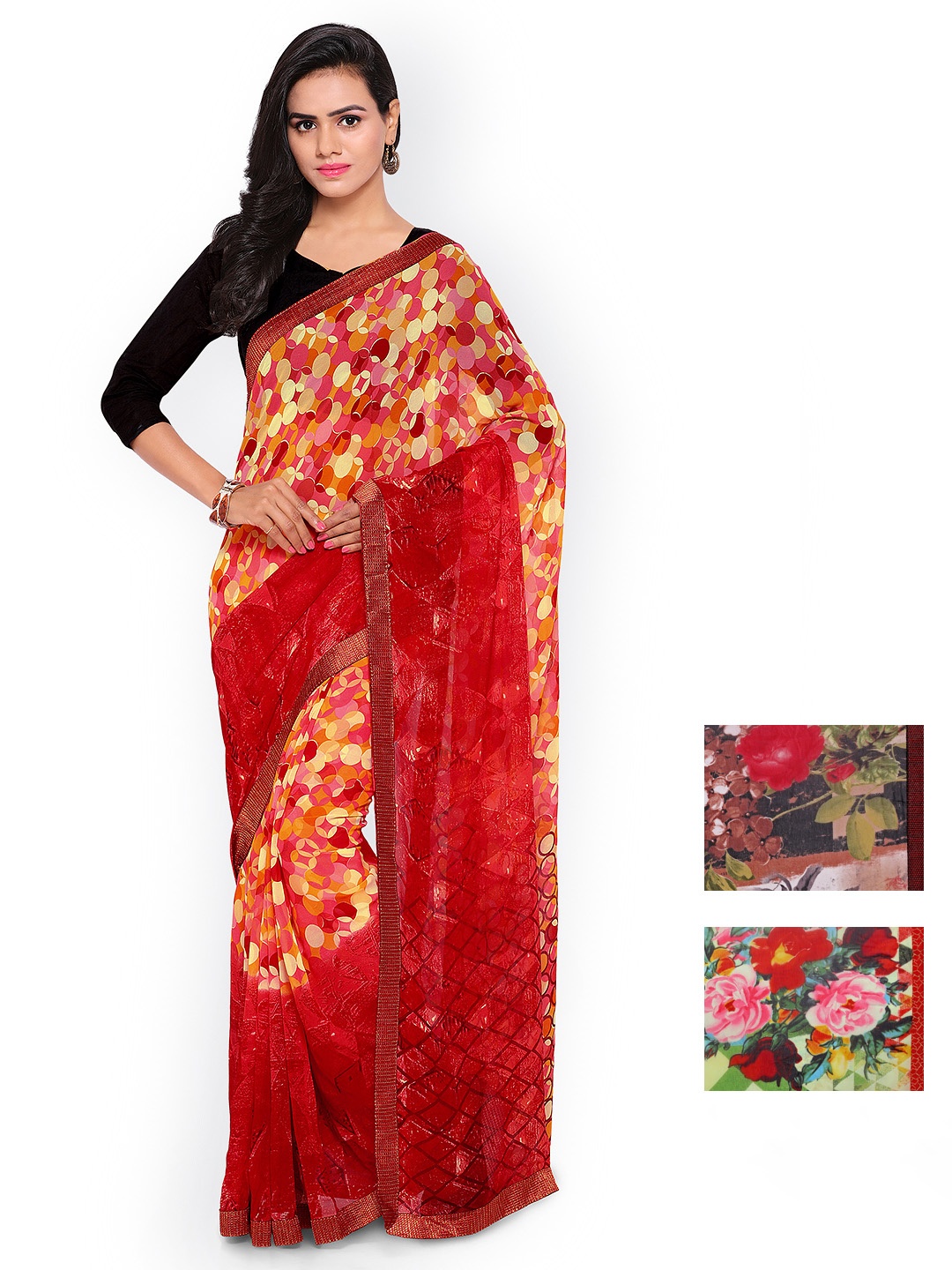 

Kalista Selection of 3 Printed Pure Georgette Sarees, Red