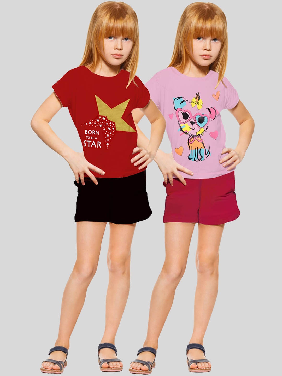 

KUCHIPOO Girls Pack Of 2 Graphic Printed Night Suit, Red