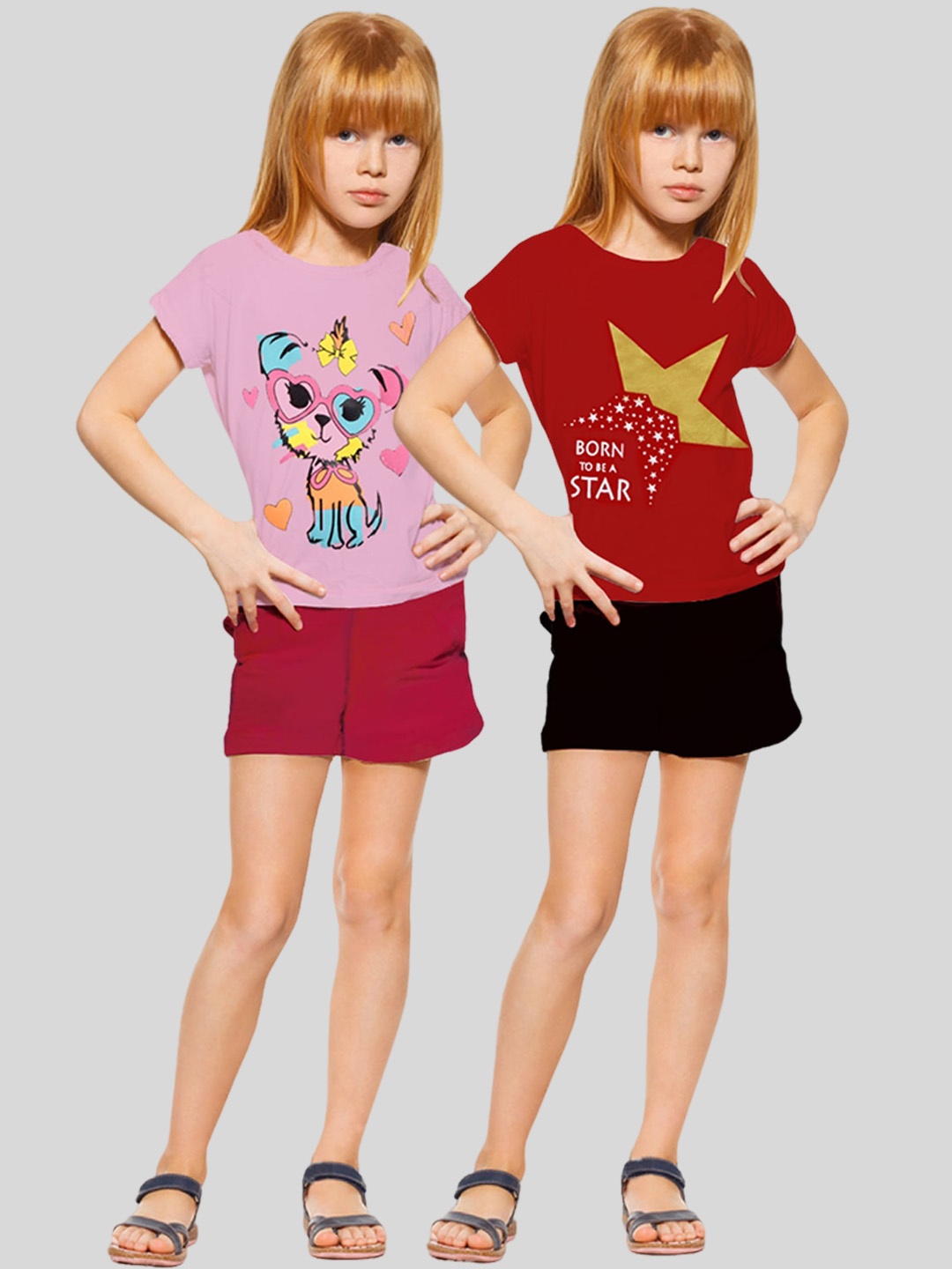

KUCHIPOO Girls Pack Of 2 Graphic Printed Night Suit, Red