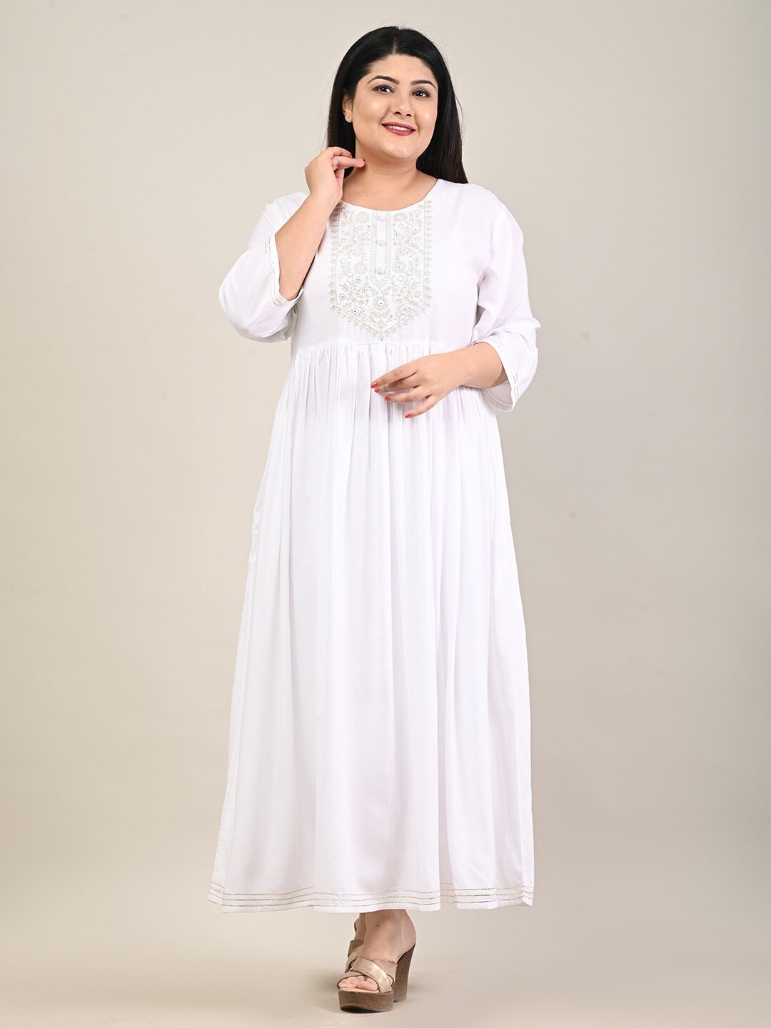 

Swasti Plus Size Floral Embroidered Maxi Ethnic Dress, White