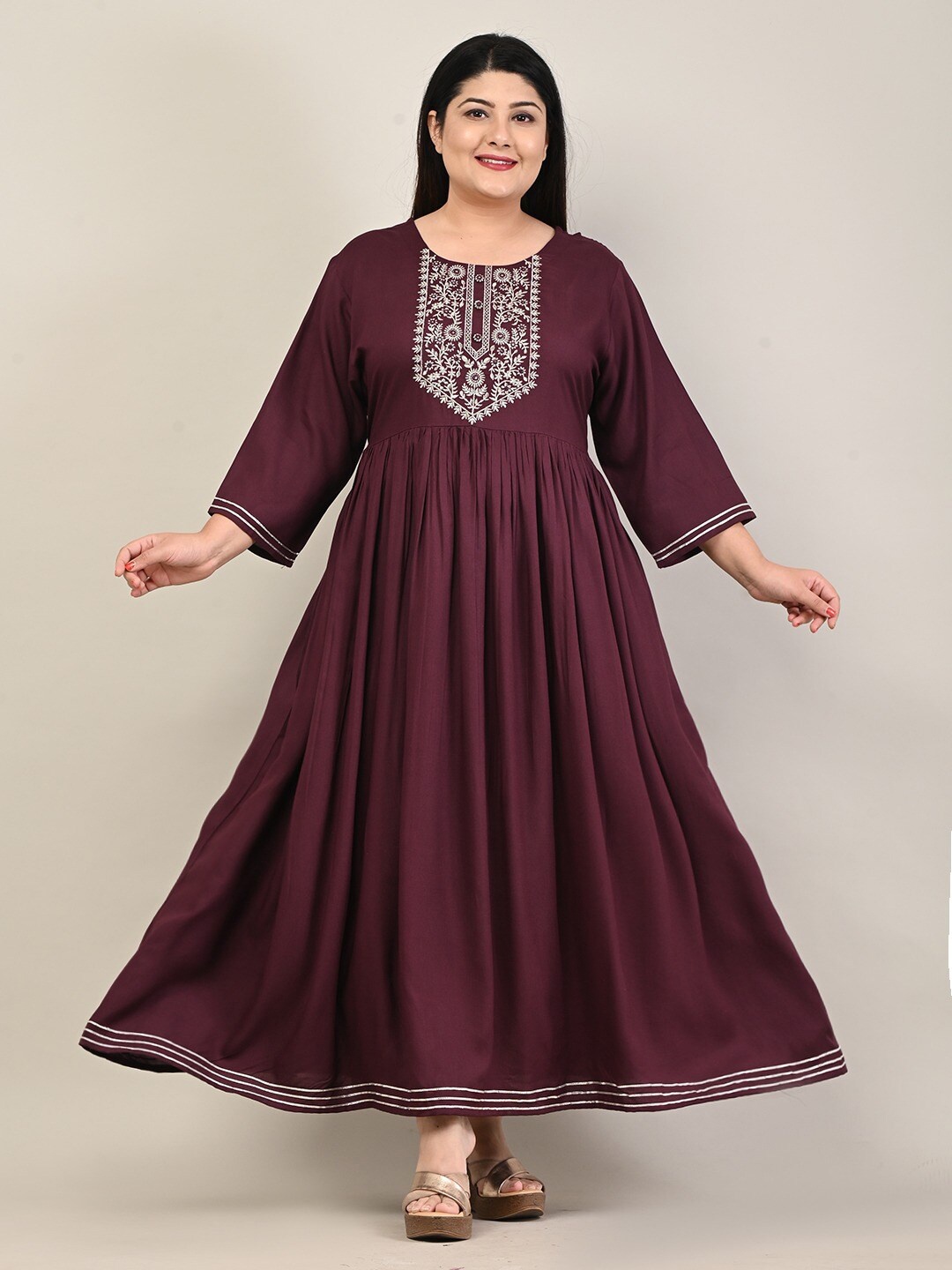 

Swasti Plus Size Ethnic Embroidered Maxi Fit & Flare Ethnic Dress, Maroon