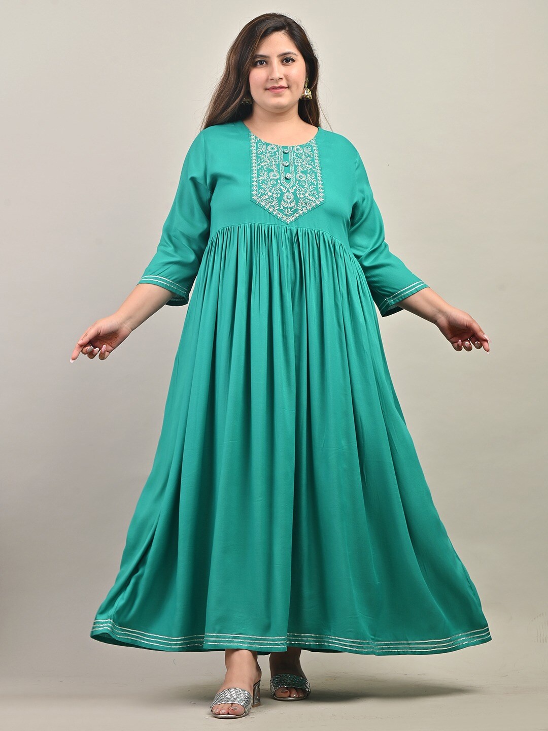 

Swasti Plus Size Round Neck Gathered Ethnic Motifs Embroidered Gown Dress, Turquoise blue