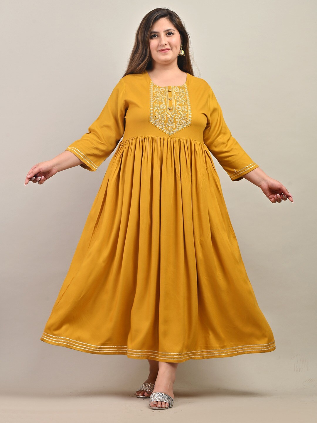 

Swasti Plus Size Ethnic Motif Embroidered Round Neck Gathered Fit & Flare Maxi Dress, Yellow