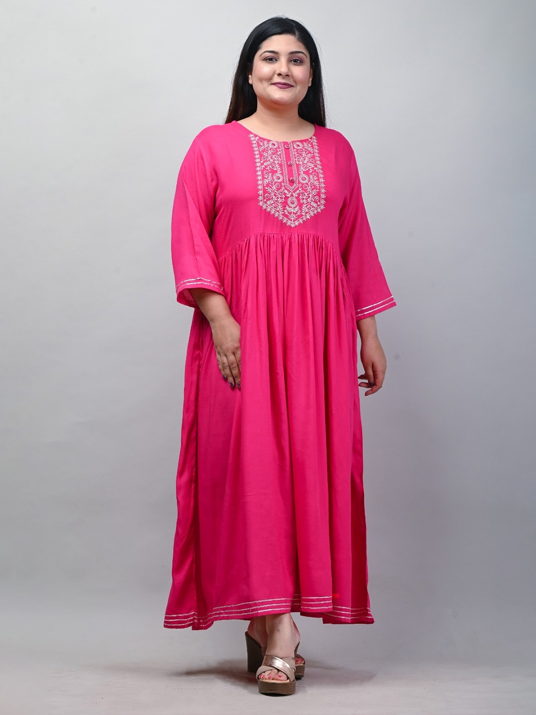 

Swasti Ethnic Motifs Embroidered Ethnic Dress, Pink