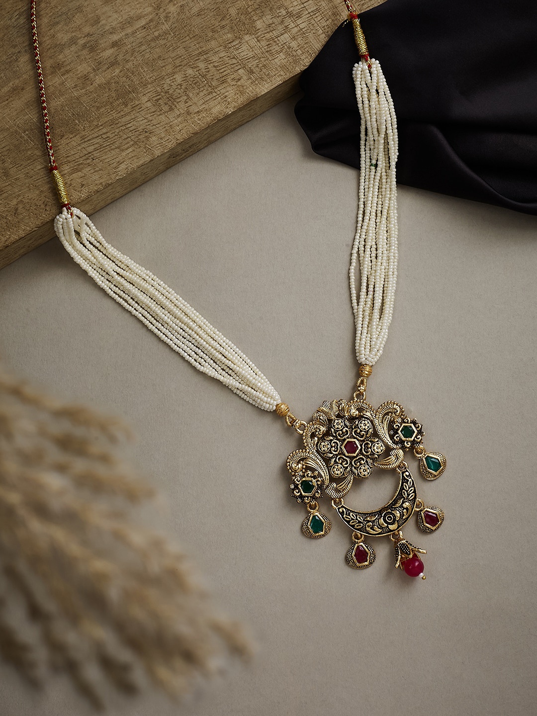 

ATIBELLE Gold-Plated Stone Studded & Beaded Antique Necklace, Green