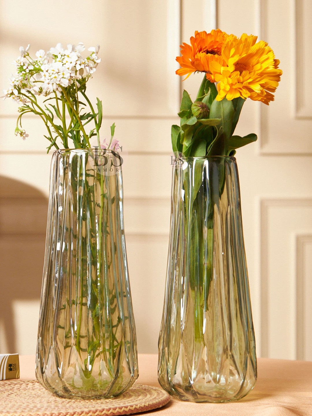 

BS AMOR Modern Green 2 Pcs Glass Large Flower Vase