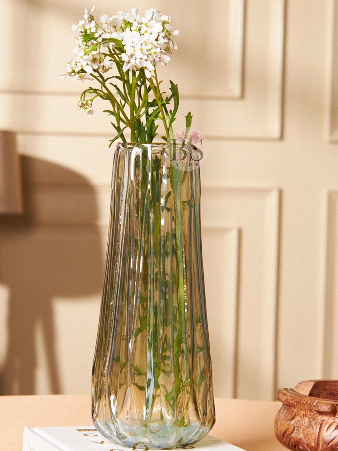 

BS AMOR Modern Green Textured Glass Large Flower Vase