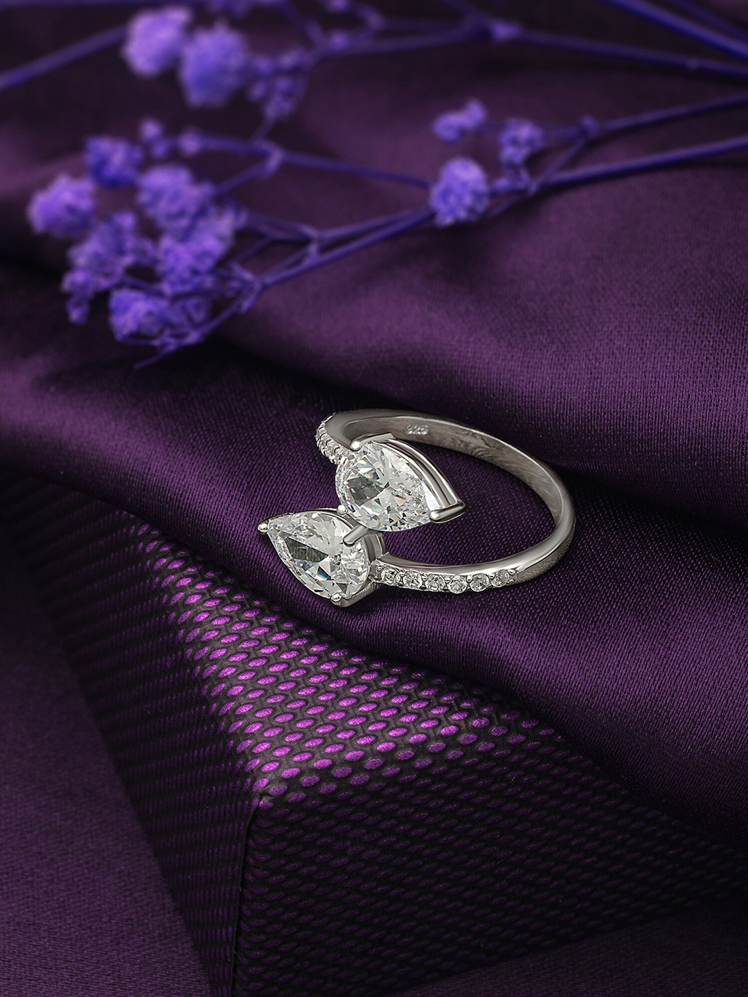 

SILBERRY 925 Sterling Silver Rhodium-Plated & Crystal Stone-Studded Finger Ring
