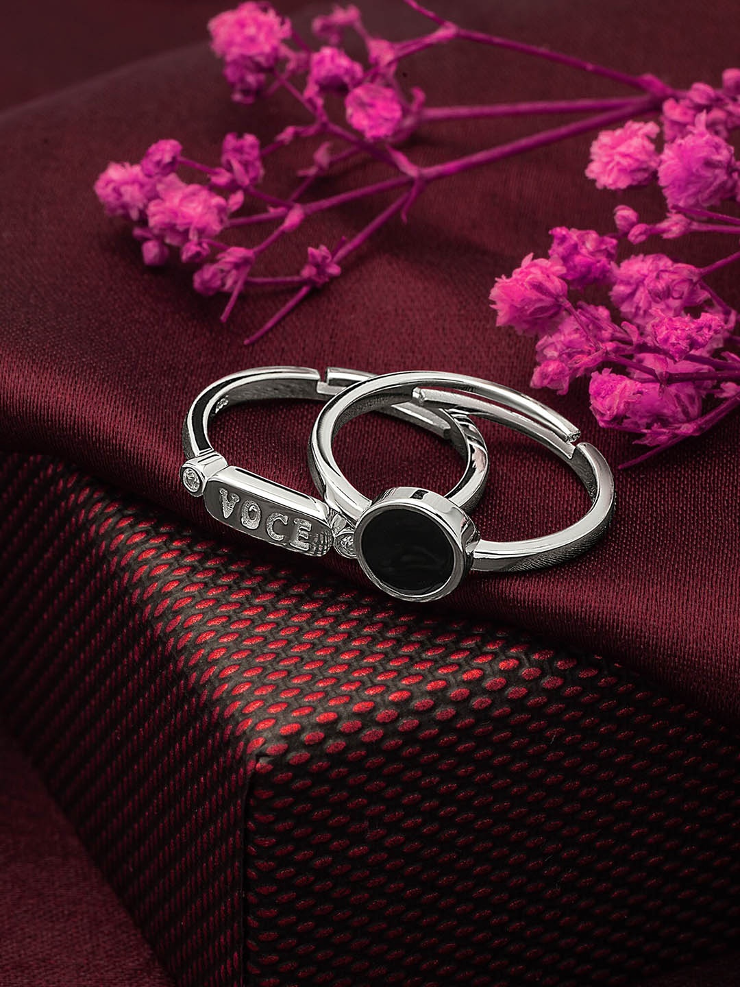 

SILBERRY Set Of 2 Silver-Toned Rhodium Plated & AD Stone Studded Finger Rings