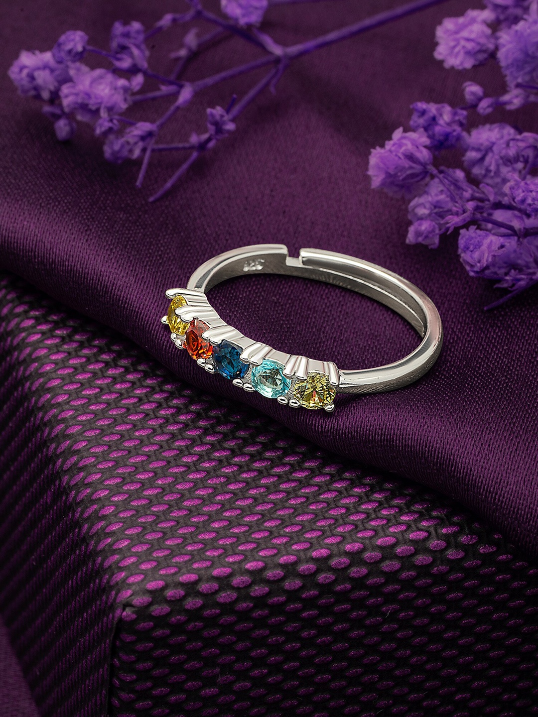

SILBERRY 92.5 Sterling Silver Rhodium-Plated CZ-Studded Adjustable Finger Ring