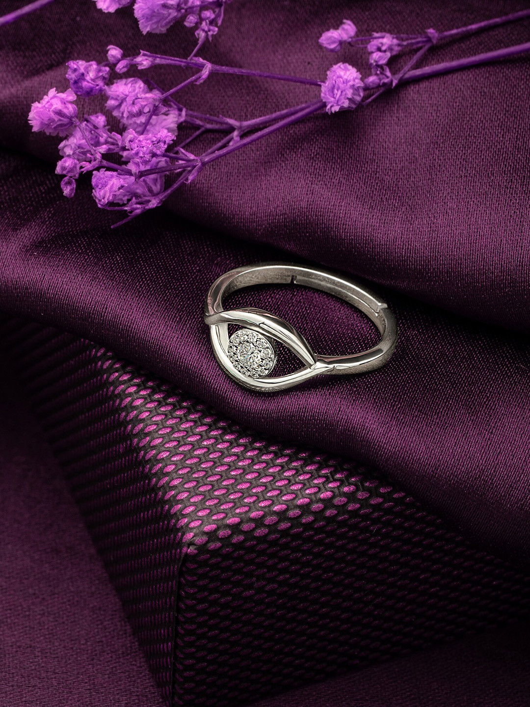 

SILBERRY 925 Sterling Silver & Rhodium-Plated CZ-Studded Adjustable Finger Ring