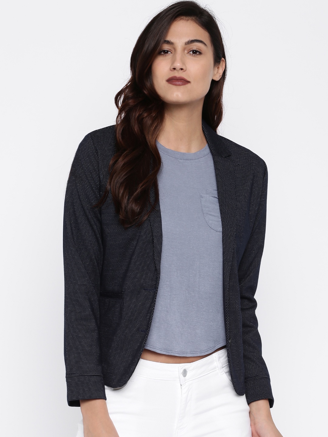 

U.S. Polo Assn. Women Blue Self Design Single-Breasted Blazer