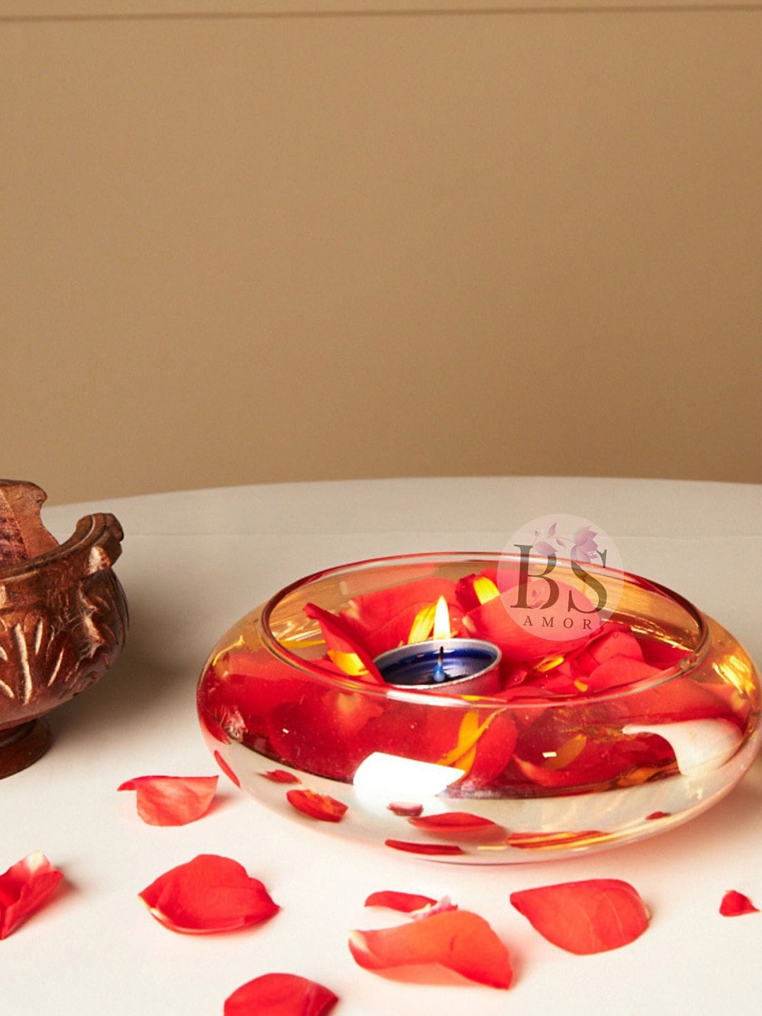

BS AMOR Camel-Brown & Transparent Urli Bowl-Shaped Glass Vase