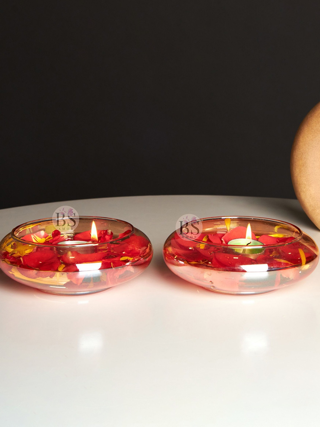 

BS AMOR 2-Pcs Camel-Brown & Transparent Urli Bowl-Shaped Glass Vases