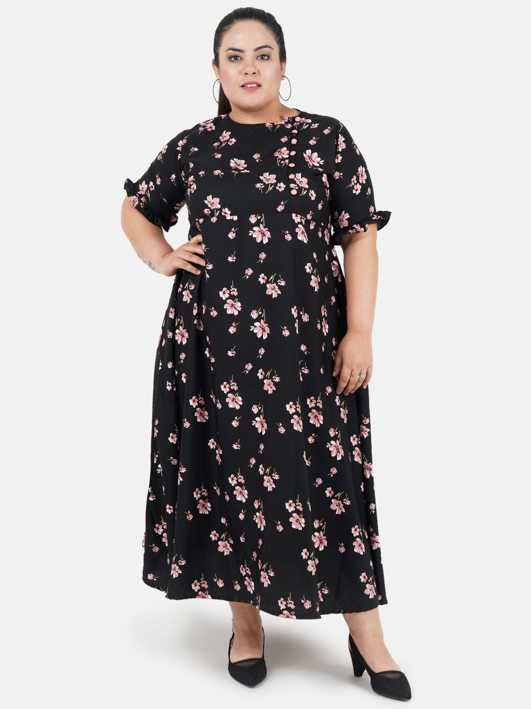 

Indietoga Plus Size Floral Printed Crepe Maxi Dress, Black