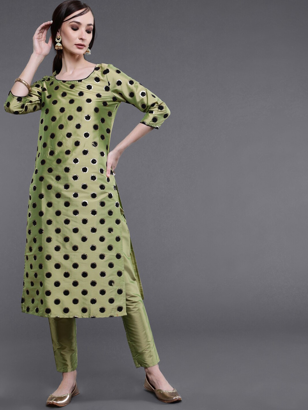 

saubhagya Geometric Zari Printed Kurta with Trousers, Green