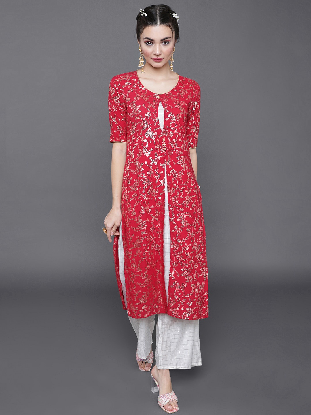 

saubhagya Floral Printed Layered Kurta with Palazzos, Red