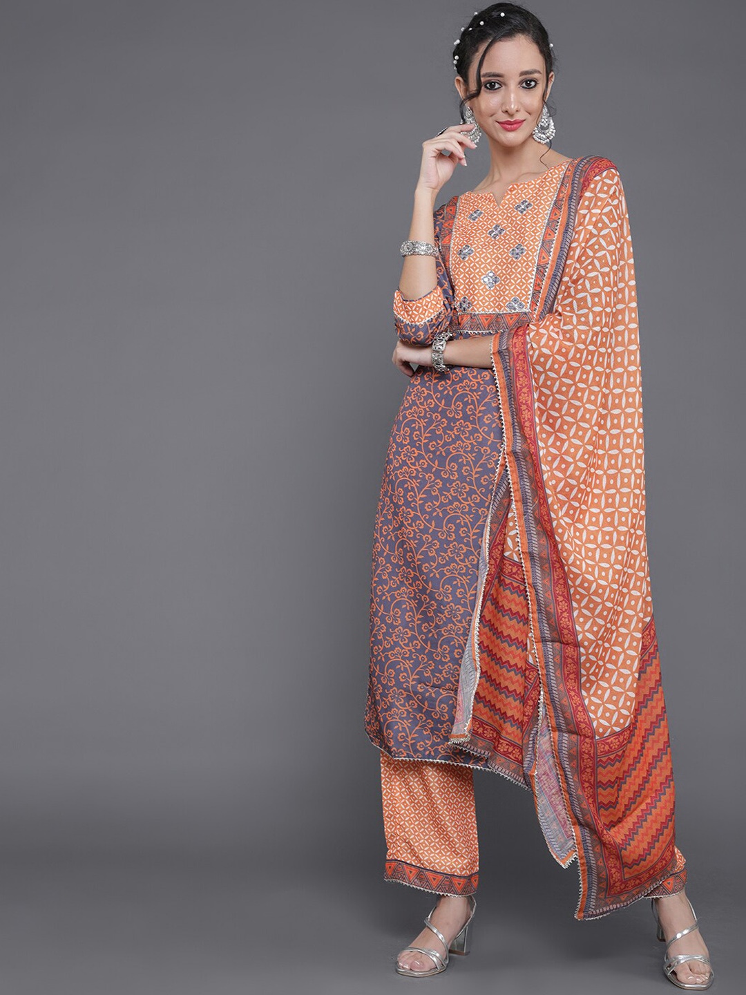

saubhagya Floral Printed Kurta with Palazzos & Dupatta, Orange