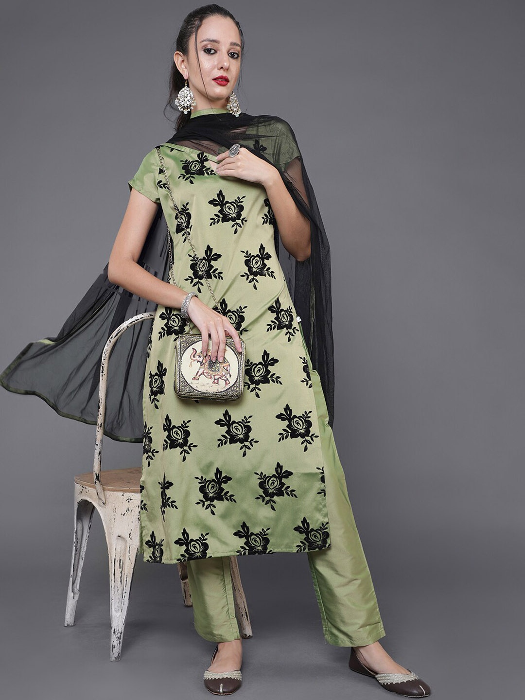 

saubhagya Floral Printed Kurta with Trousers & Dupatta, Green