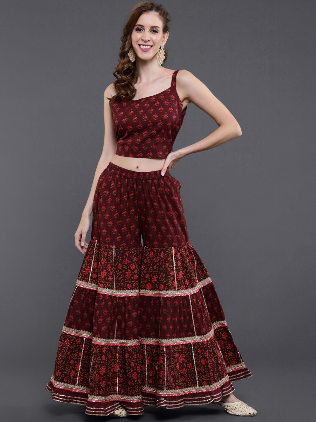 

saubhagya Floral Printed Gotta Patti Pure Cotton Kurta with Sharara & Jacket, Burgundy