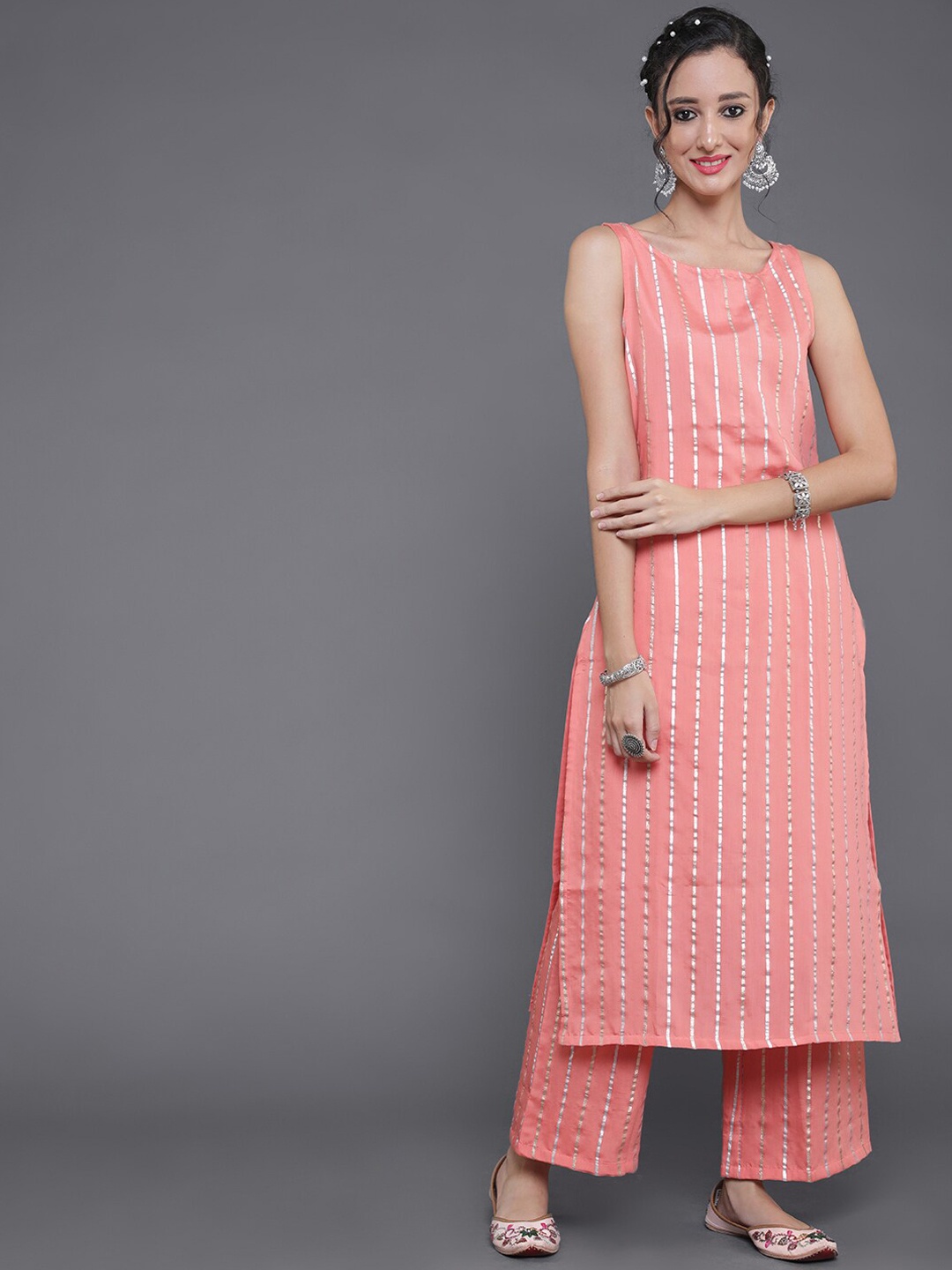 

saubhagya Striped Printed Round Neck Sleeveless Kurta with Palazzos, Peach