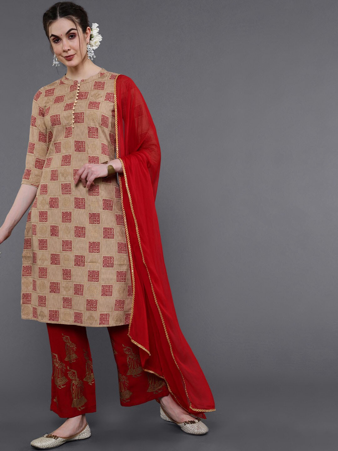 

saubhagya Ethnic Motif Printed Band Collar Chanderi Silk Kurta with Palazzos & Dupatta, Beige