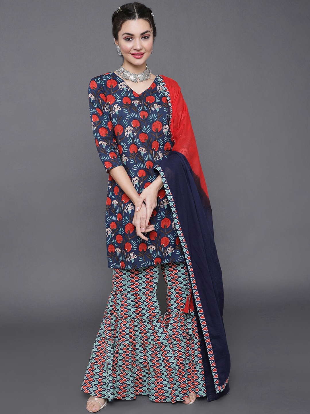 

saubhagya Floral Printed V Neck Pure Cotton Kurta with Sharara & Dupatta, Blue