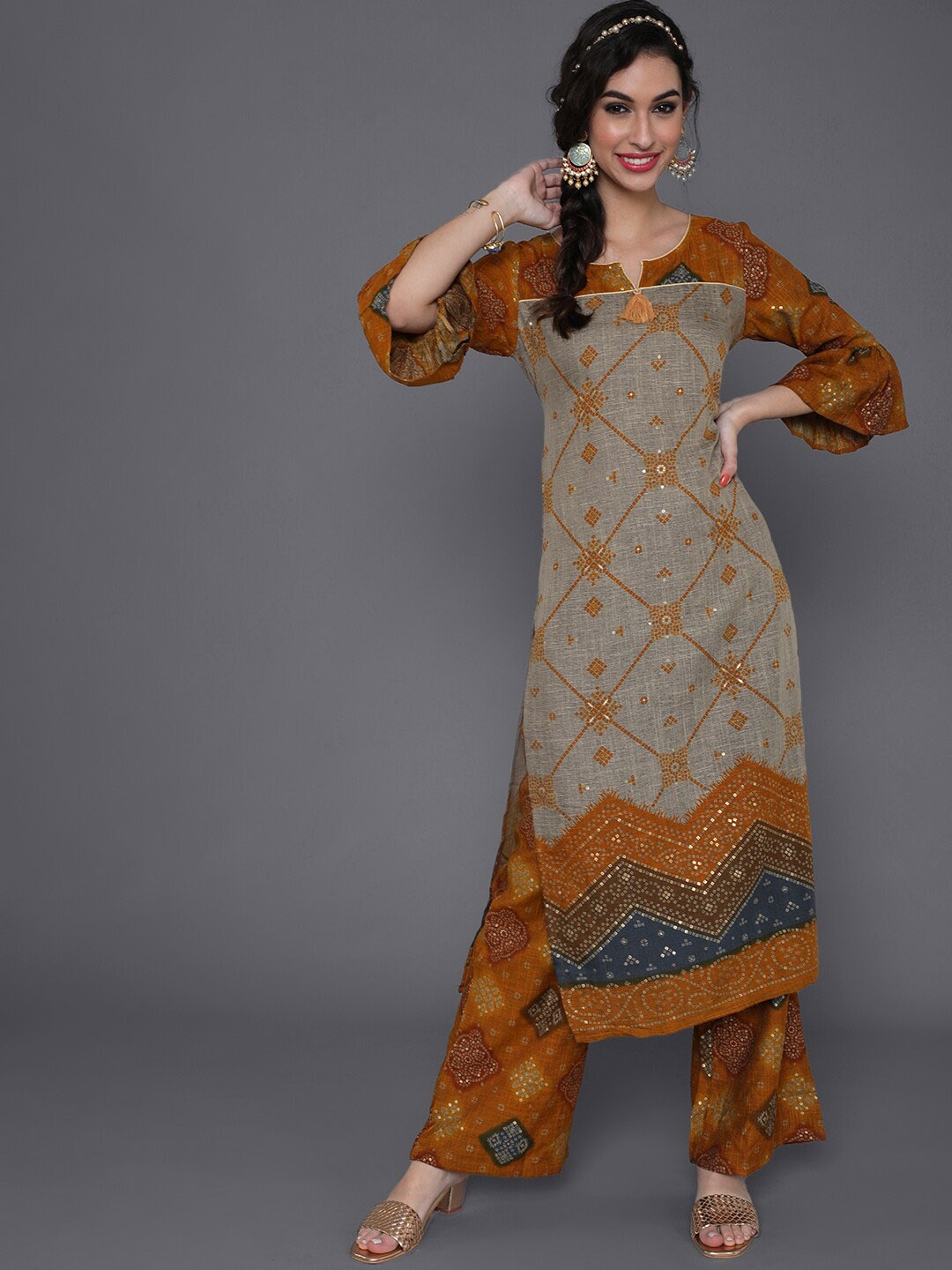 

saubhagya Women Bandhani Printed Straight Kurta with Palazzos, Mustard