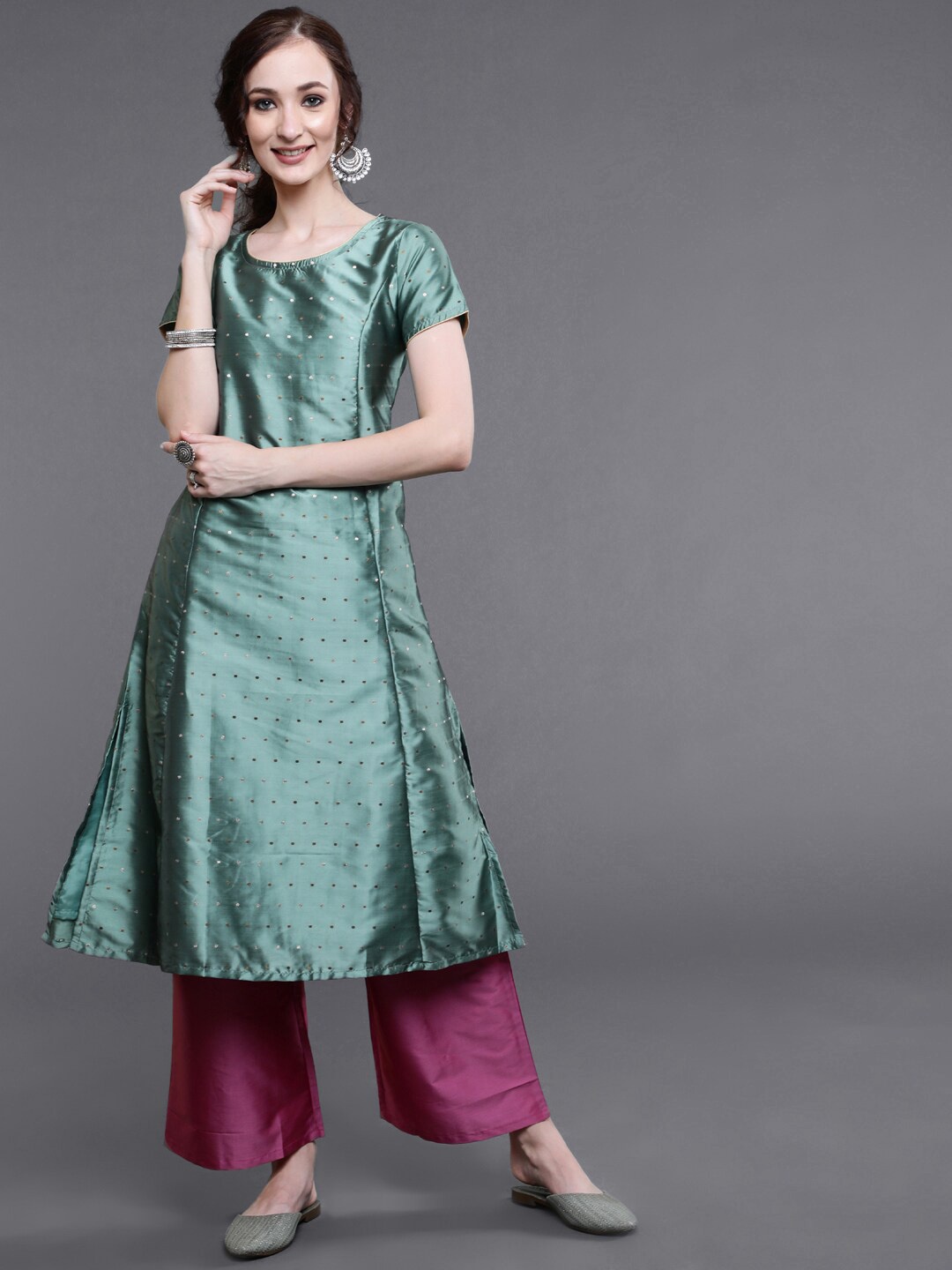 

saubhagya Woven Design Panelled A-Line Kurta with Palazzos, Green
