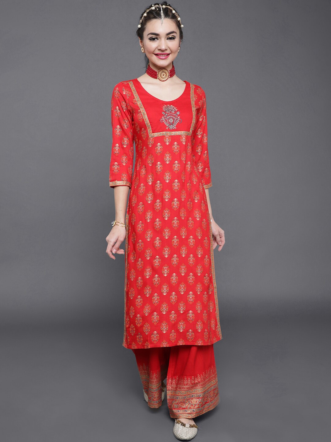 

saubhagya Ethnic Motifs Printed Straight Kurta with Palazzos, Red