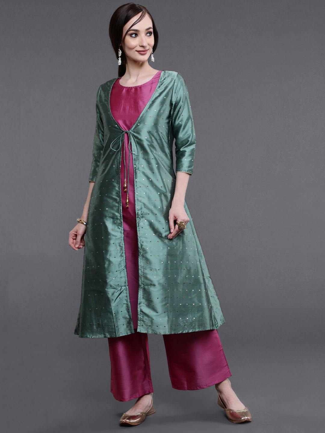 

saubhagya Women Straight Kurta with Palazzos & Jacket, Green