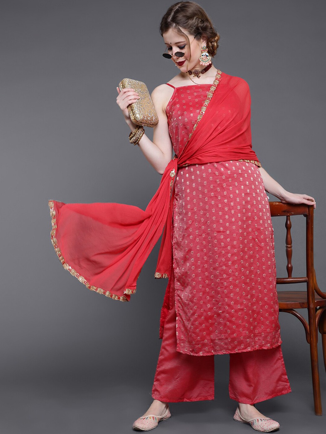 

saubhagya Ethnic Woven Design Zari Detail Straight Kurta with Palazzos & Dupatta, Red