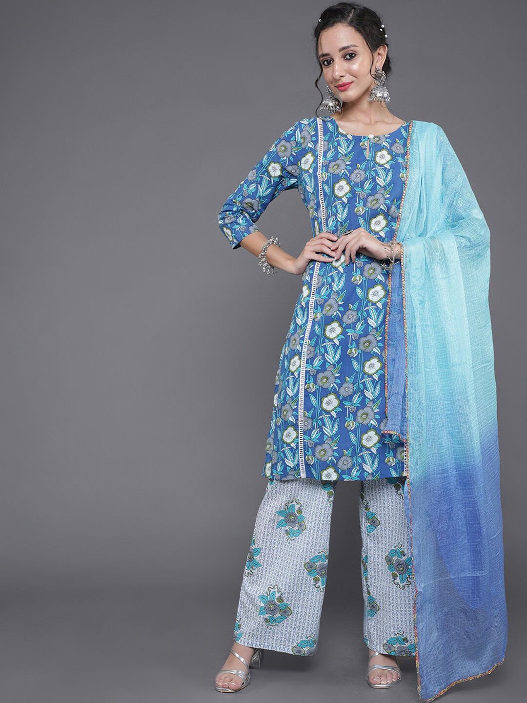 

saubhagya Floral Printed Pure Cotton Kurta With Palazzos & Dupatta, Blue