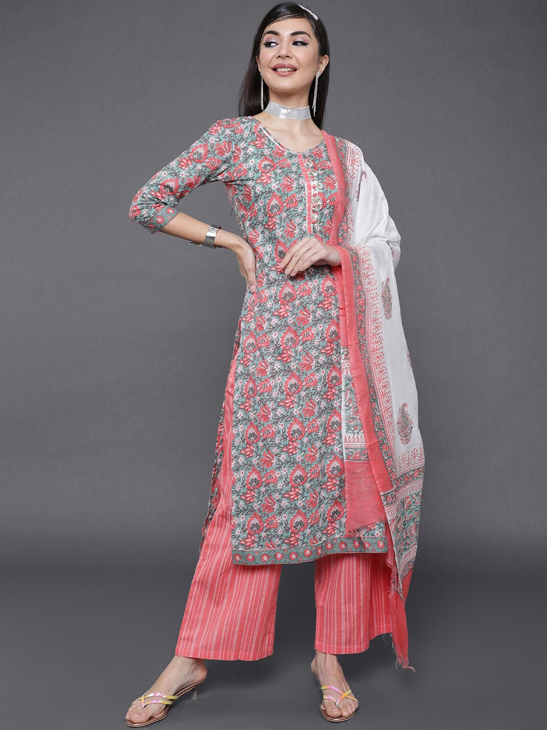 

saubhagya Floral Printed Pure Cotton Kurta With Palazzos & Dupatta, Peach