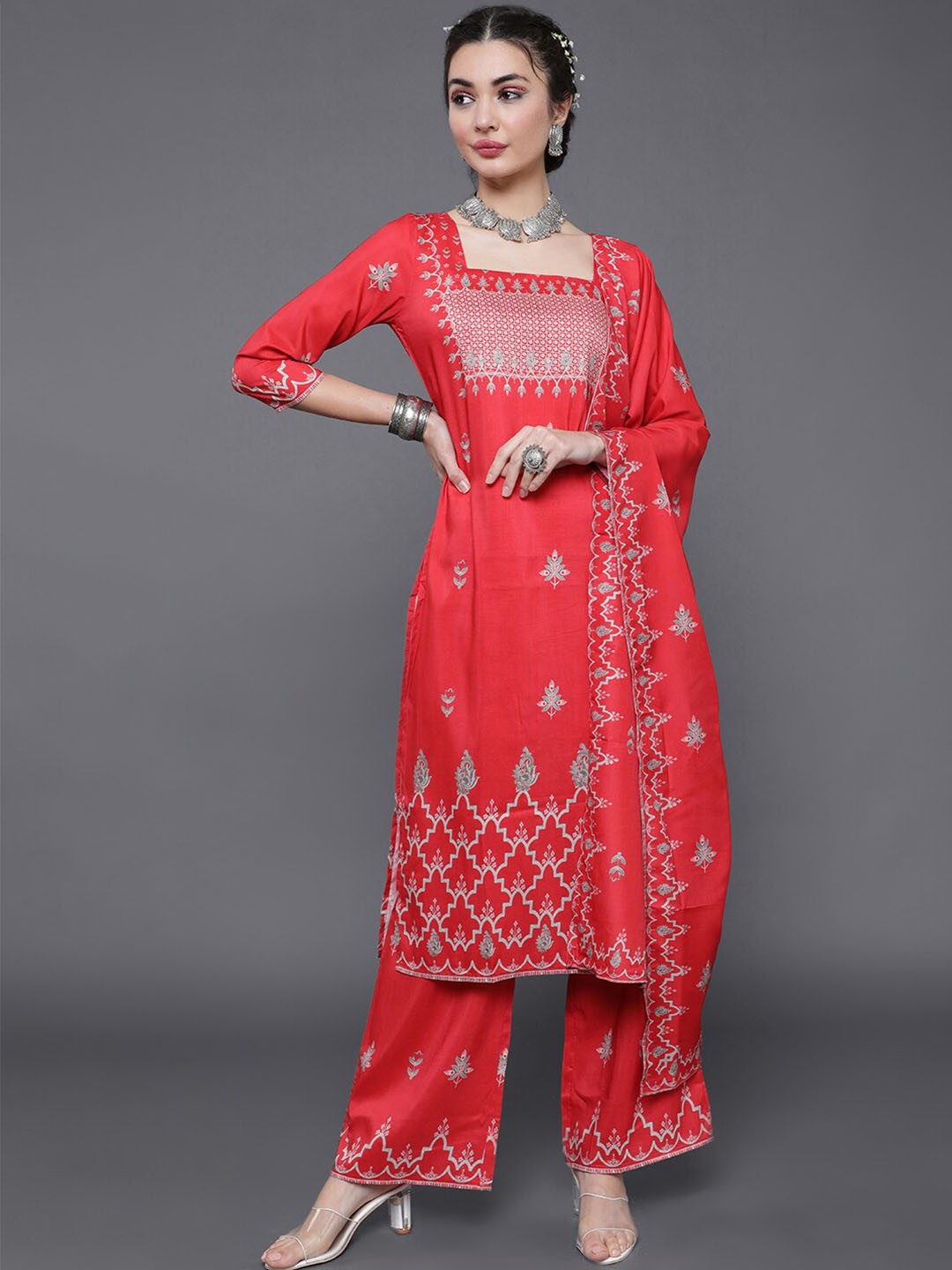 

saubhagya Ethnic Motifs Printed Kurta with Palazzos & Dupatta, Red