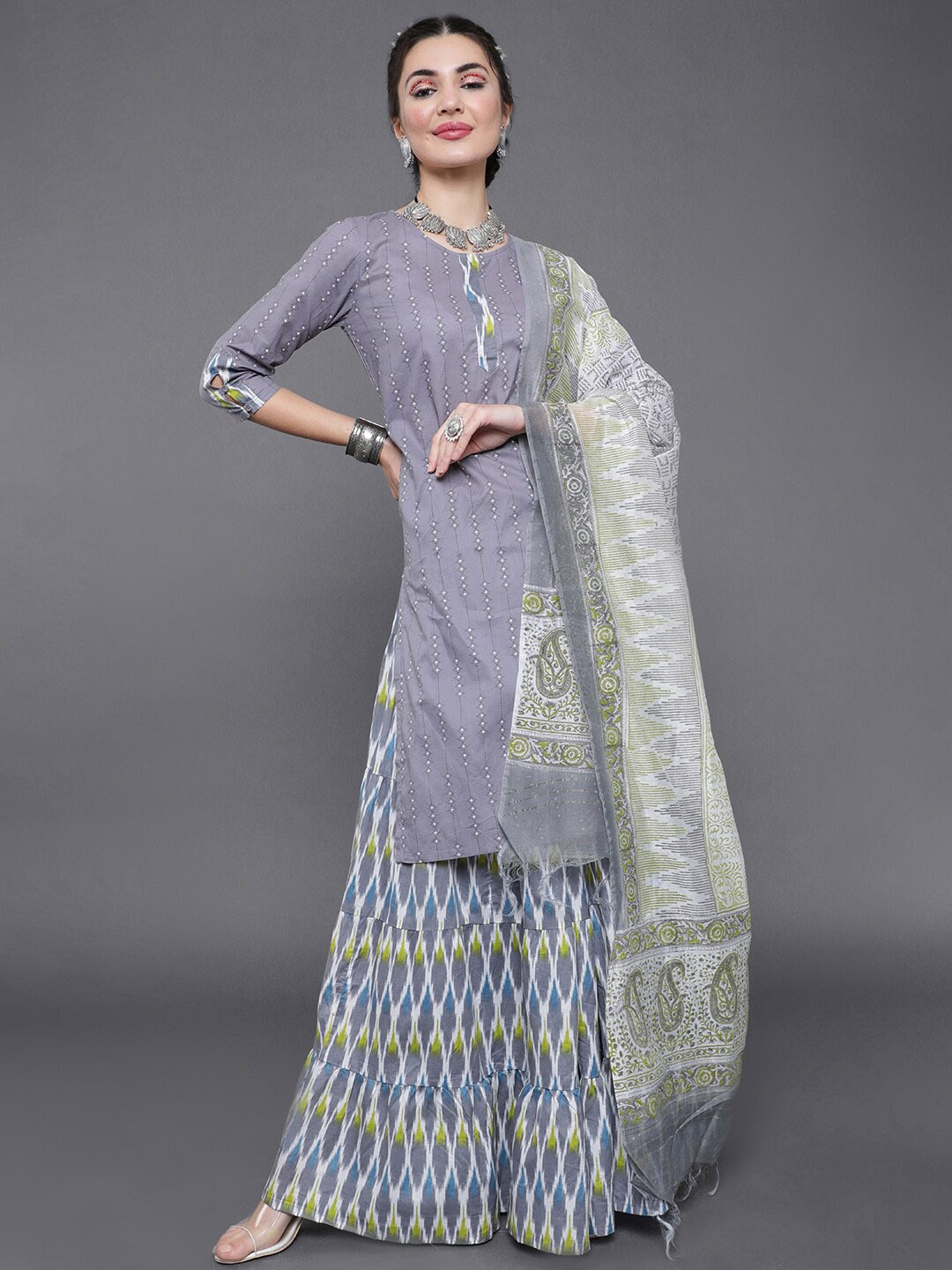

saubhagya Printed Pure Cotton Kurta with Skirt & Dupatta, Grey