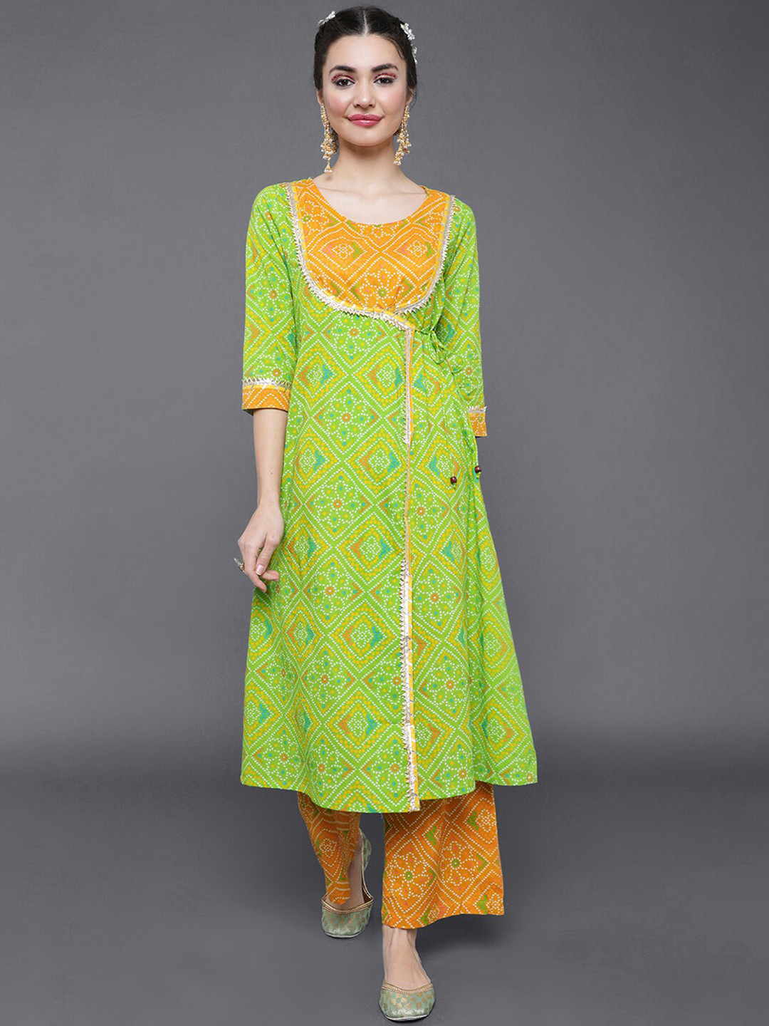 

saubhagya Bandhani Printed Pure Cotton A-Line Kurta With Palazzos, Green