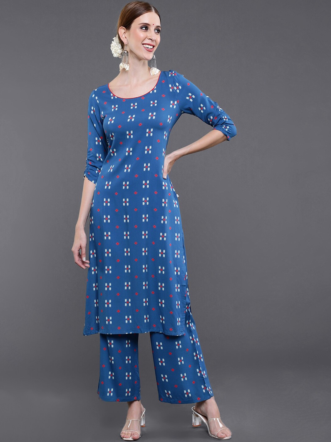 

saubhagya Round Neck Printed Kurti with Palazzos, Blue