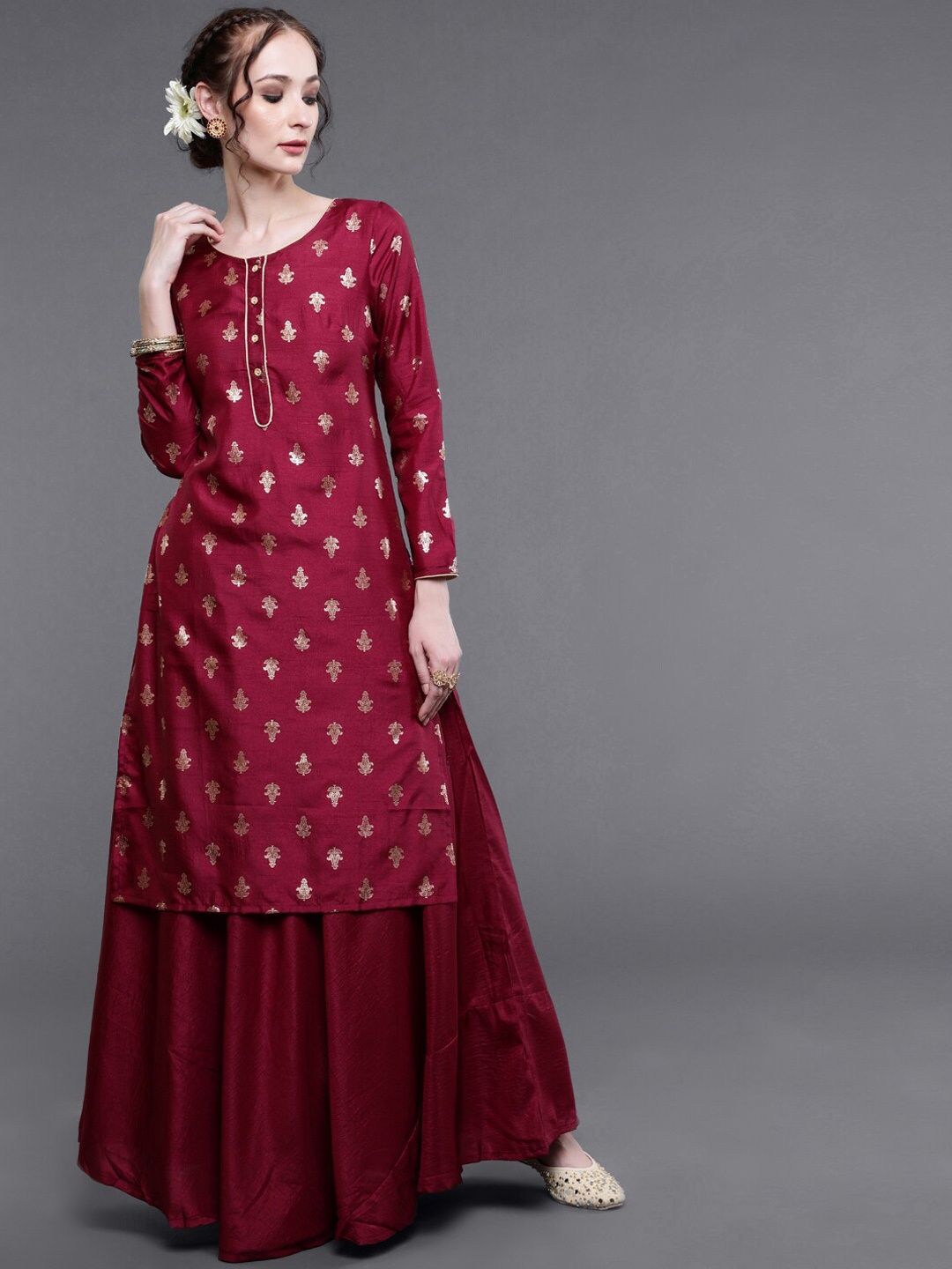 

saubhagya Ethnic Motifs Printed Kurta with Skirt, Burgundy