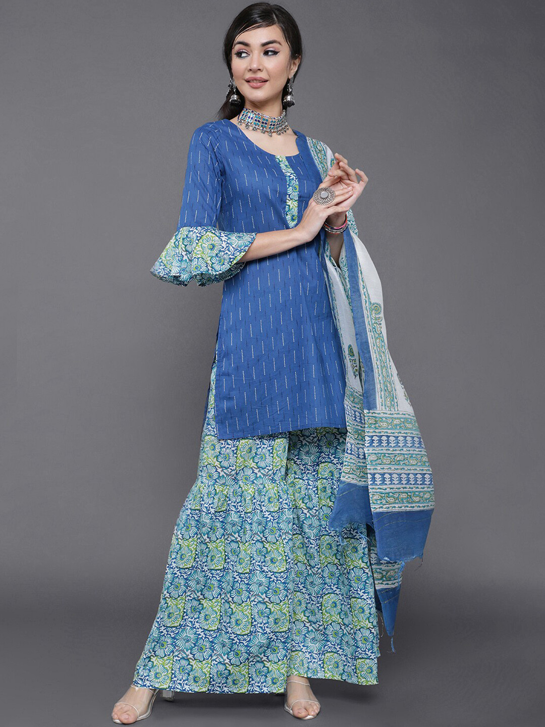 

saubhagya Floral Printed Pure Cotton Kurta with Sharara & Dupatta, Blue