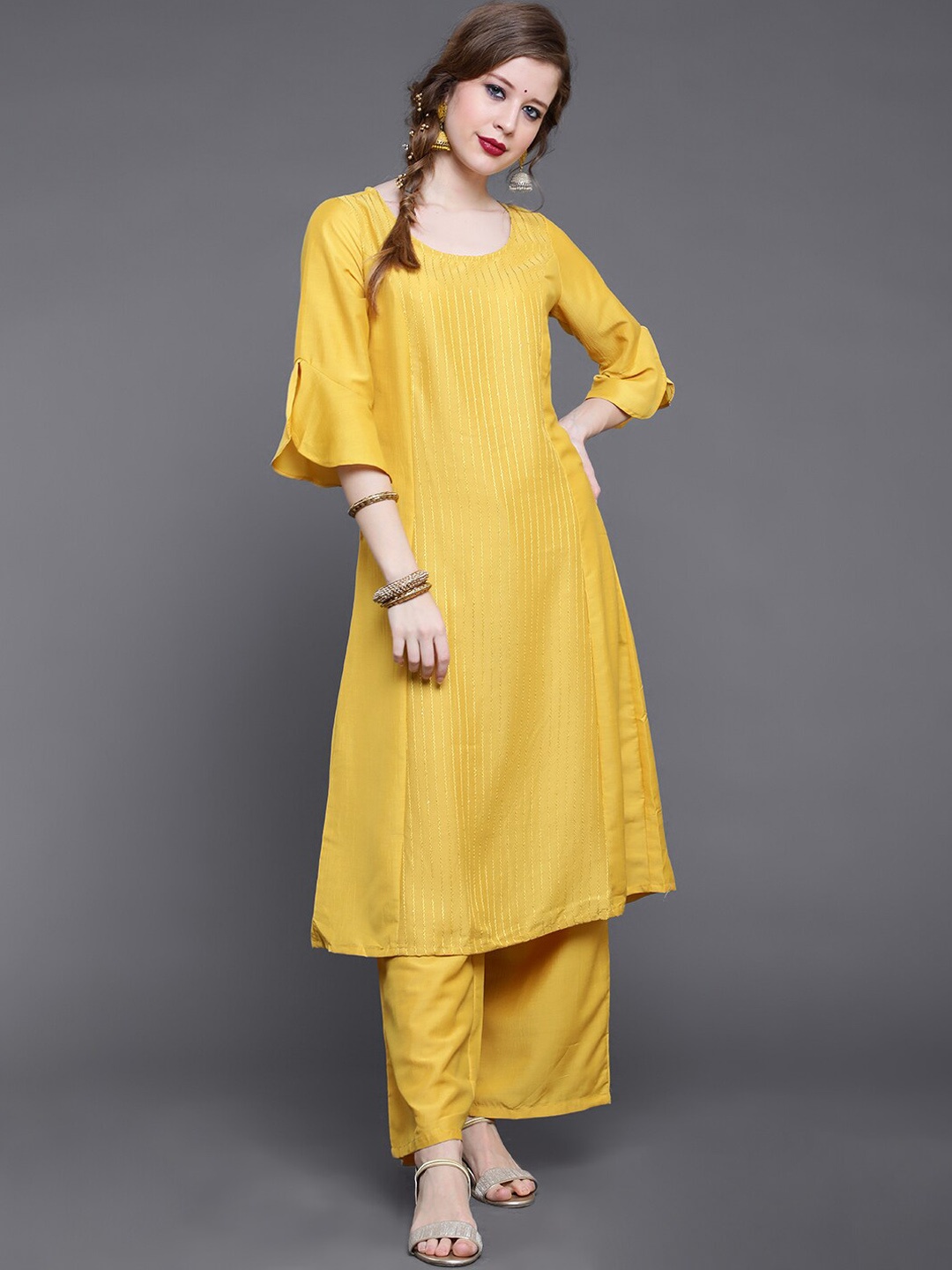 

saubhagya Embroidered Sequinned Kurta with Palazzos, Mustard