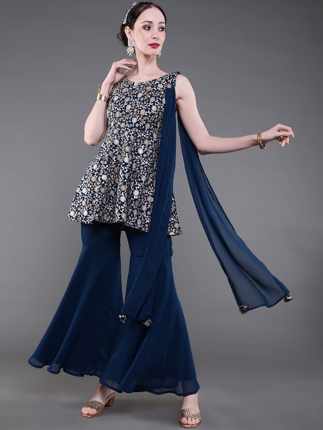 

saubhagya Floral Embroidered Kurti with Sharara & Dupatta, Blue