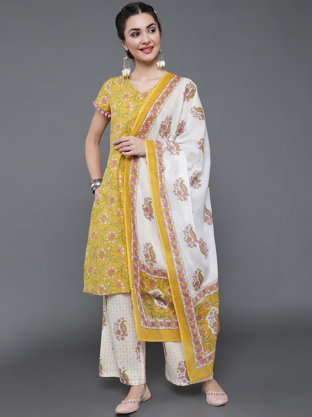 

saubhagya Floral Printed Pure Cotton Kurta with Palazzos & Dupatta, Yellow