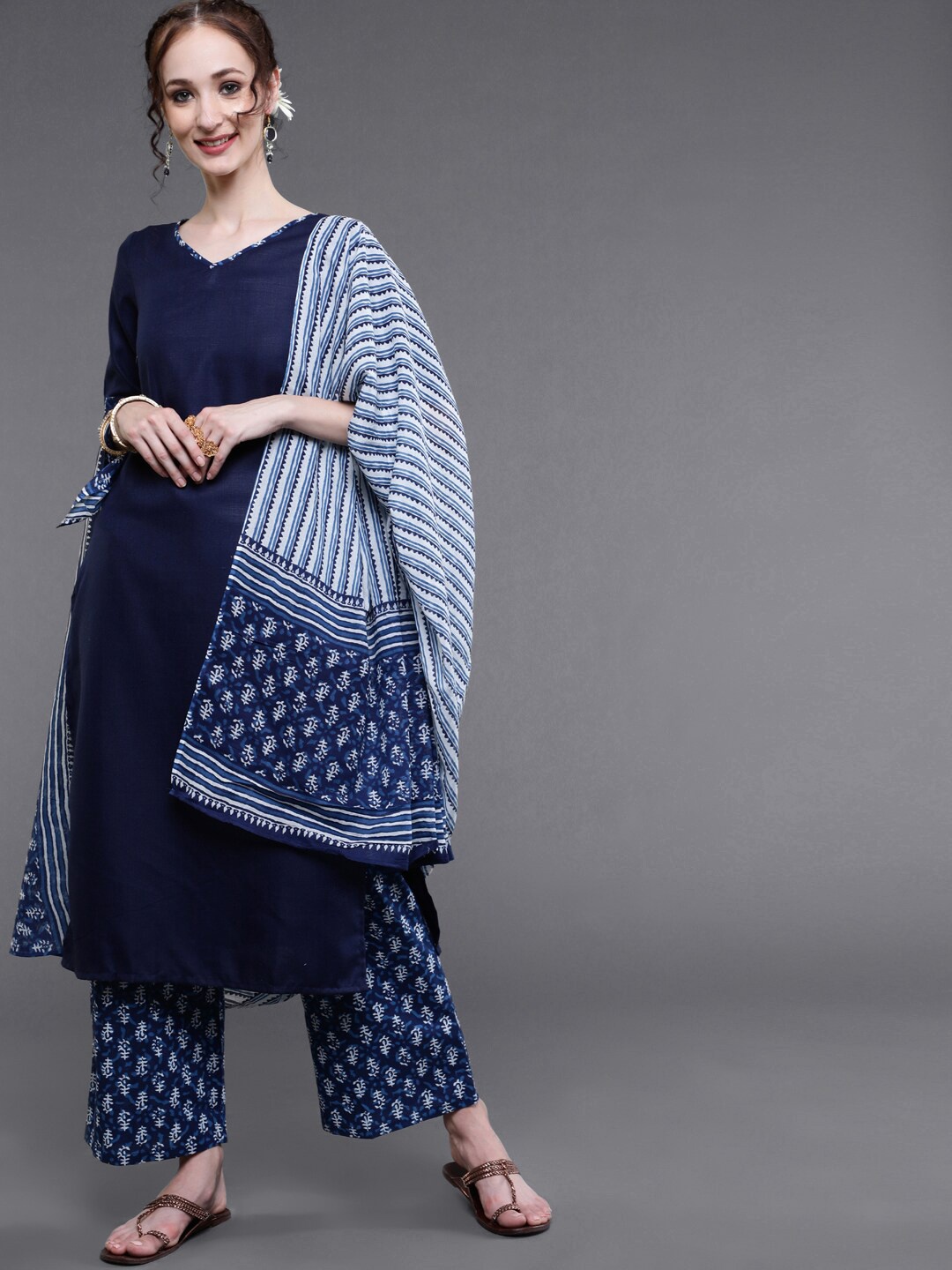 

saubhagya V-Neck Kurta with Palazzos & Dupatta, Navy blue