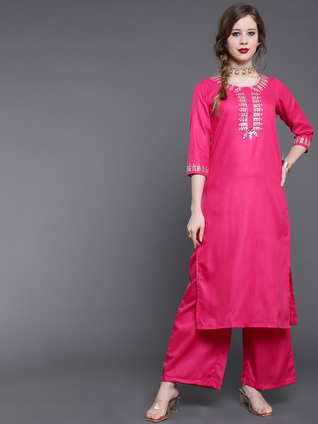 

saubhagya Ethnic Motifs Embroidered Thread Work Kurta with Palazzos, Magenta